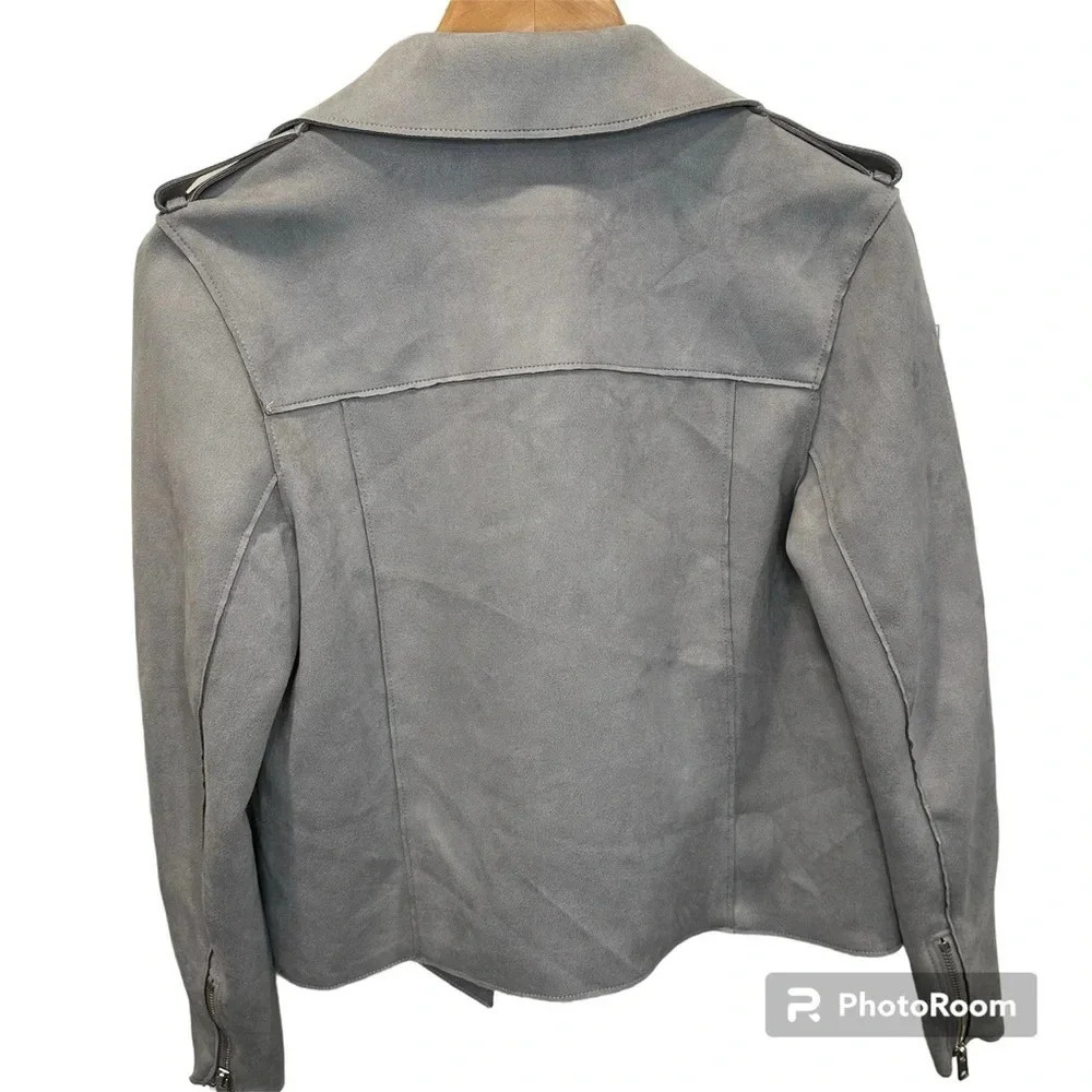 H&M Faux Suede Pocket Zippered Sleeve Gray Moto Jacket Size 4 - Picture 2 of 12